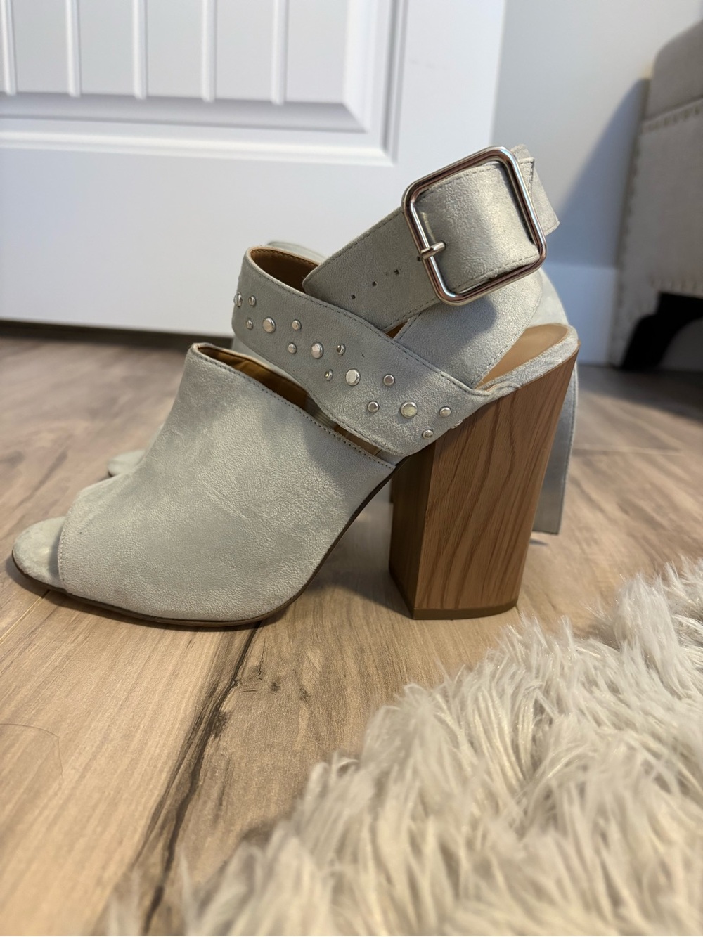 Call It Spring Light Blue Suede Block Heel Sandals with Wood-Look Heel